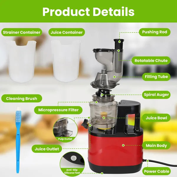 Cold Press Juicer Machine 300W Electric Slow Masticating Juicer For Whole Vegetable And Fruit With Reverse Function 2 Containers Cleaning Brush Clear Marks Easy Cleaning