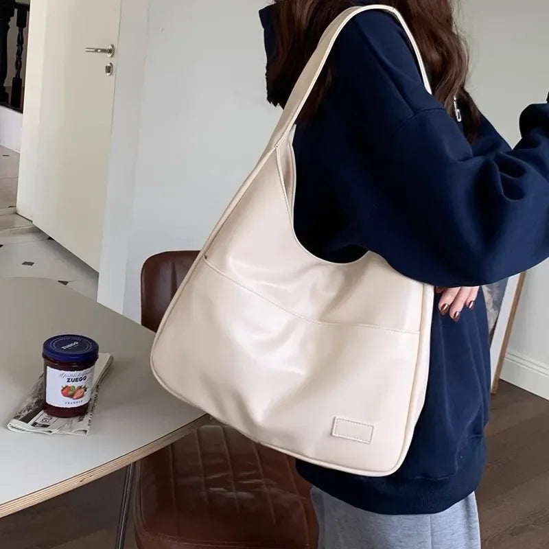 Korean Style Large Capacity Single Shoulder Bucket Bag Commuter Tote Bag Simple Fashion Retro Bag Soft Polyester Lining