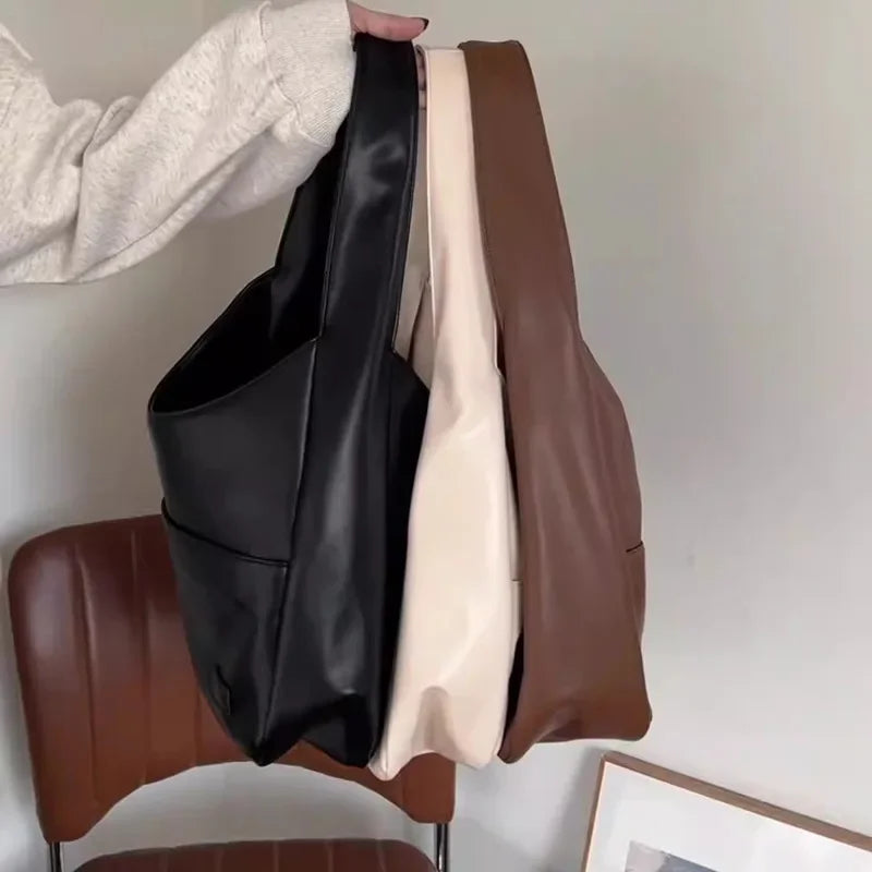 Korean Style Large Capacity Single Shoulder Bucket Bag Commuter Tote Bag Simple Fashion Retro Bag Soft Polyester Lining