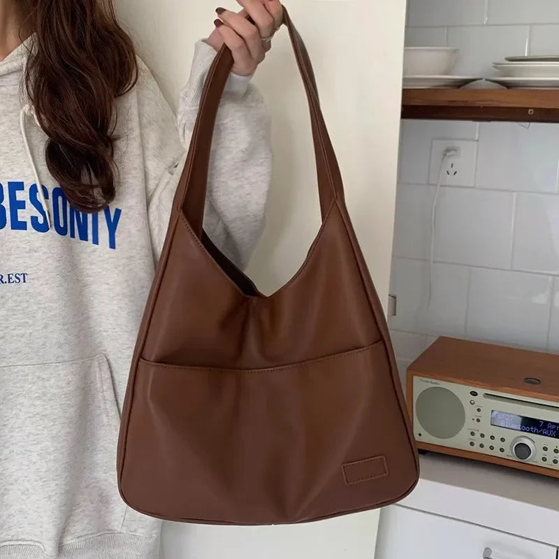 Korean Style Large Capacity Single Shoulder Bucket Bag Commuter Tote Bag Simple Fashion Retro Bag Soft Polyester Lining