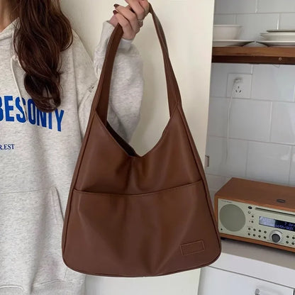 Korean Style Large Capacity Single Shoulder Bucket Bag Commuter Tote Bag Simple Fashion Retro Bag Soft Polyester Lining